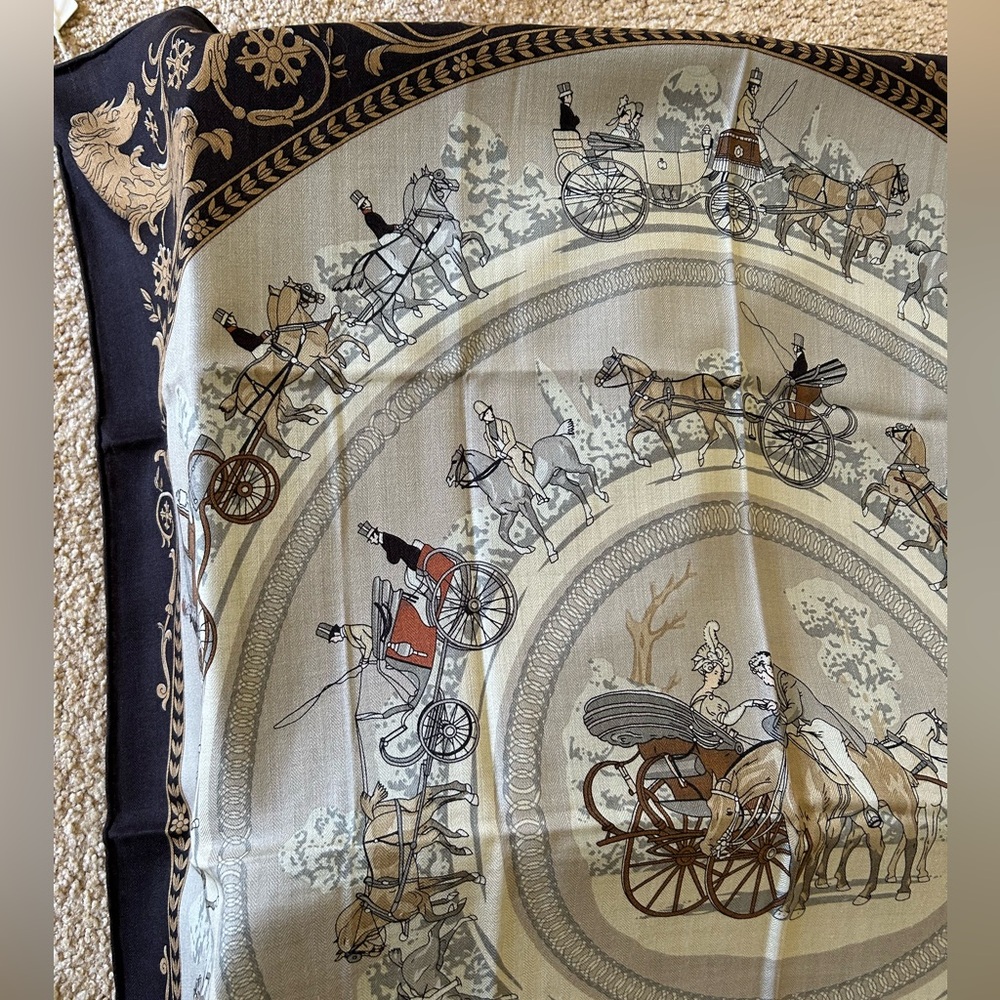 NWT Equestrian Horse Carriage Silk Wool Scarf 100x100cm Hermes Style - Picture 5 of 10
